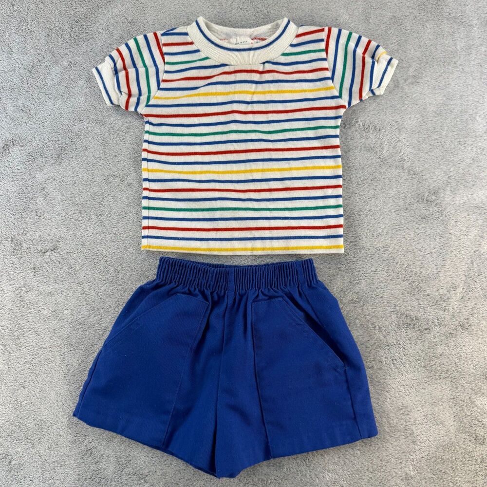Vintage 70s Health-Tex Baby Toddler Outfit 2pc Striped Shirt Shorts USA Made